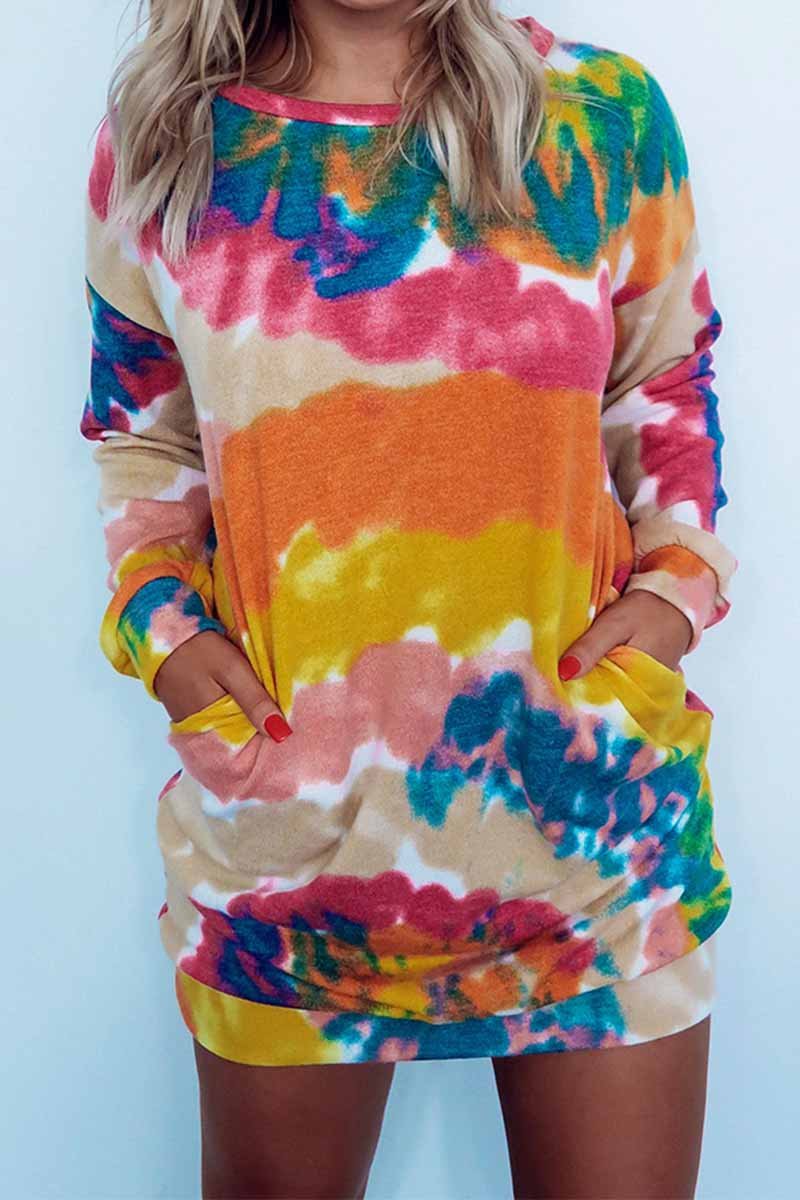 Florcoo Round Neck Pullover Tie-Dye Printing Mini Dress