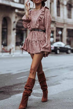 Florcoo Ruffle Print Long Sleeves Mini Dress