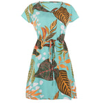 Short Sleeve V-Neck Waisted Leaves Print Mini Dress