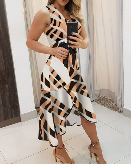 Fashion V-Neck Sleeveless Printed Irregular Midi Dress