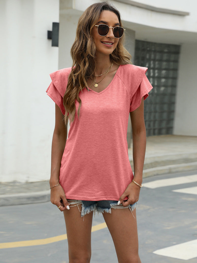 Loose Cap Sleeve V Neck Solid Color Top