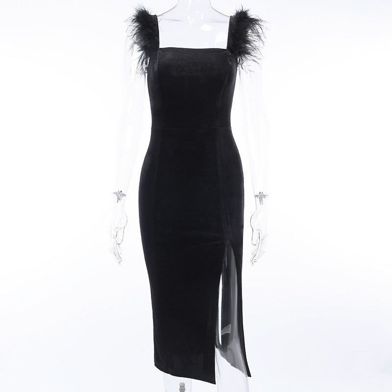 Square Fur Neck Solid Color Side Split Bodycon Maxi Dress