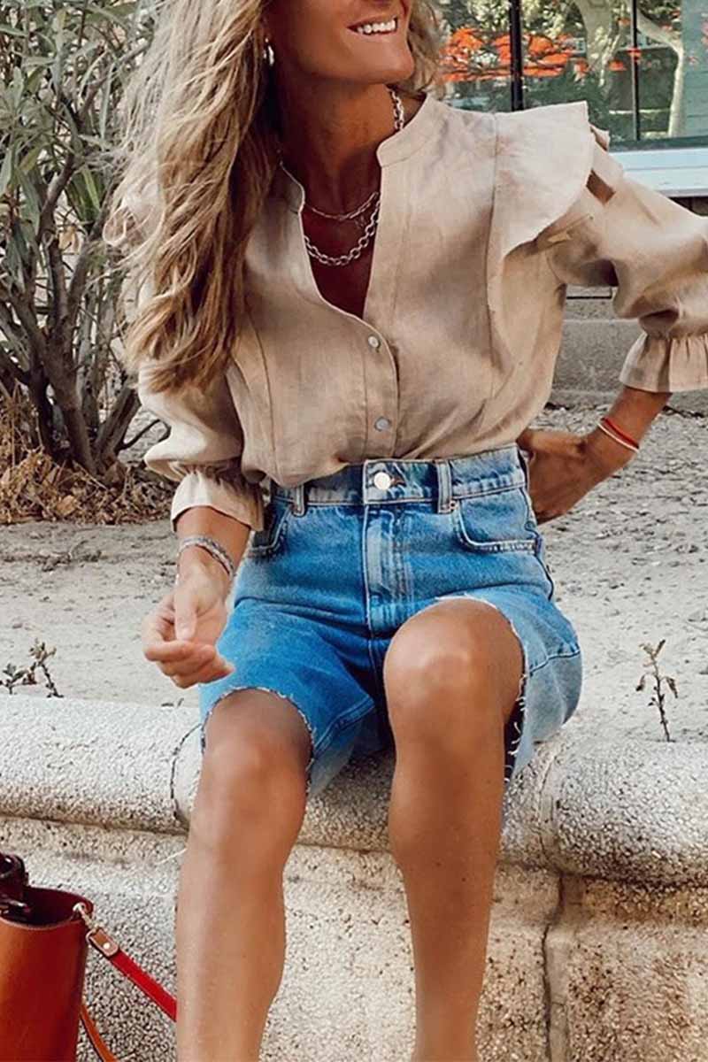 Florcoo Summer Loose Casual Button Fringed Denim Pants