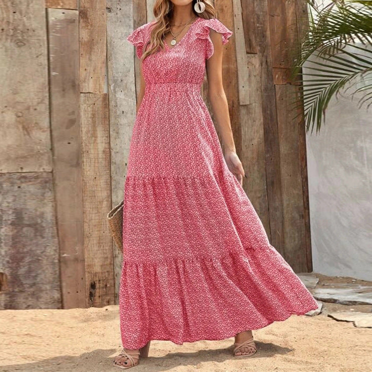 Ruffle Sleeve High Waist V Neck Maxi Dress