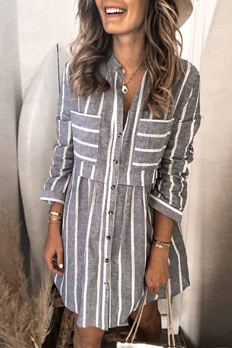 Florcoo Striped Stitching High Waist Pocket Shirt Mini Dress