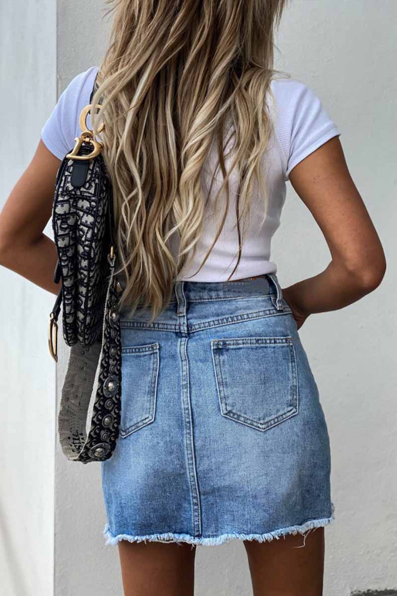 Irregular Denim Holes Mini Skirt