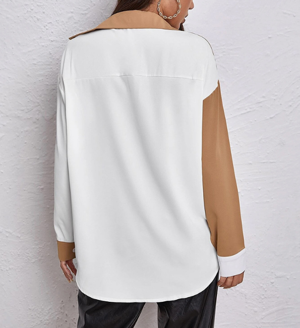 Buton Down Collar Long Sleeve Color Block Shirt Top