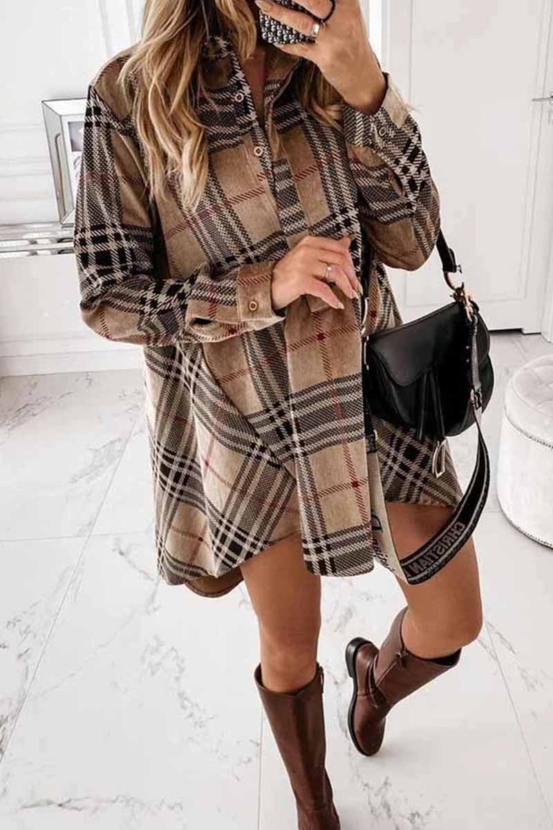 Florcoo Loose Plaid Long Sleeve Shirt Mini Dress