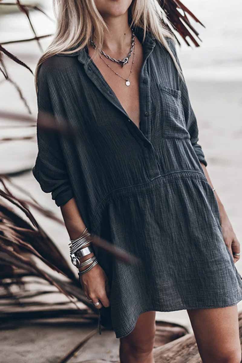 Casual loose V-Neck Cotton And Linen Long Sleeves Mini Dress