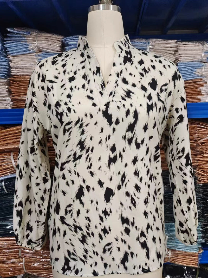 Elegant V-Neck Printed Long Sleeve Shirt