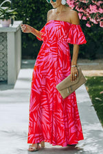 Royal Villa Palm Print Off The Shoulder Maxi Dress