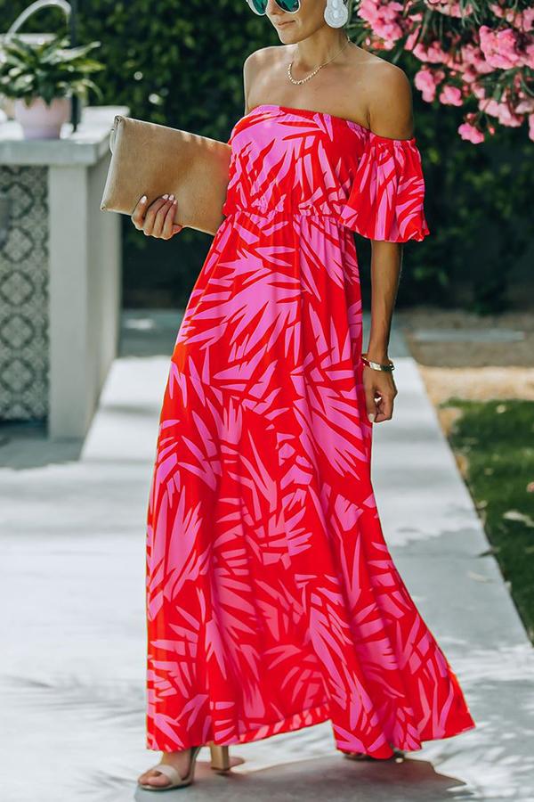 Royal Villa Palm Print Off The Shoulder Maxi Dress