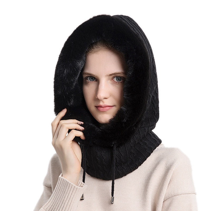 3-in-1 Hooded Knitted Winter Fur Cap Mask Set