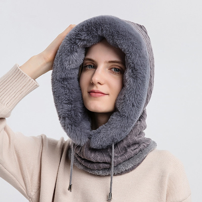 3-in-1 Hooded Knitted Winter Fur Cap Mask Set