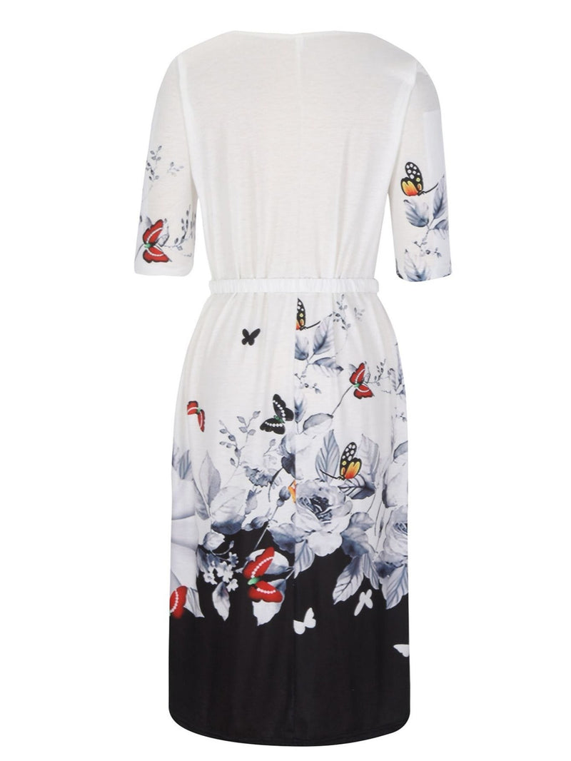 Casual Floral Printed Crew Neck Midi Dress