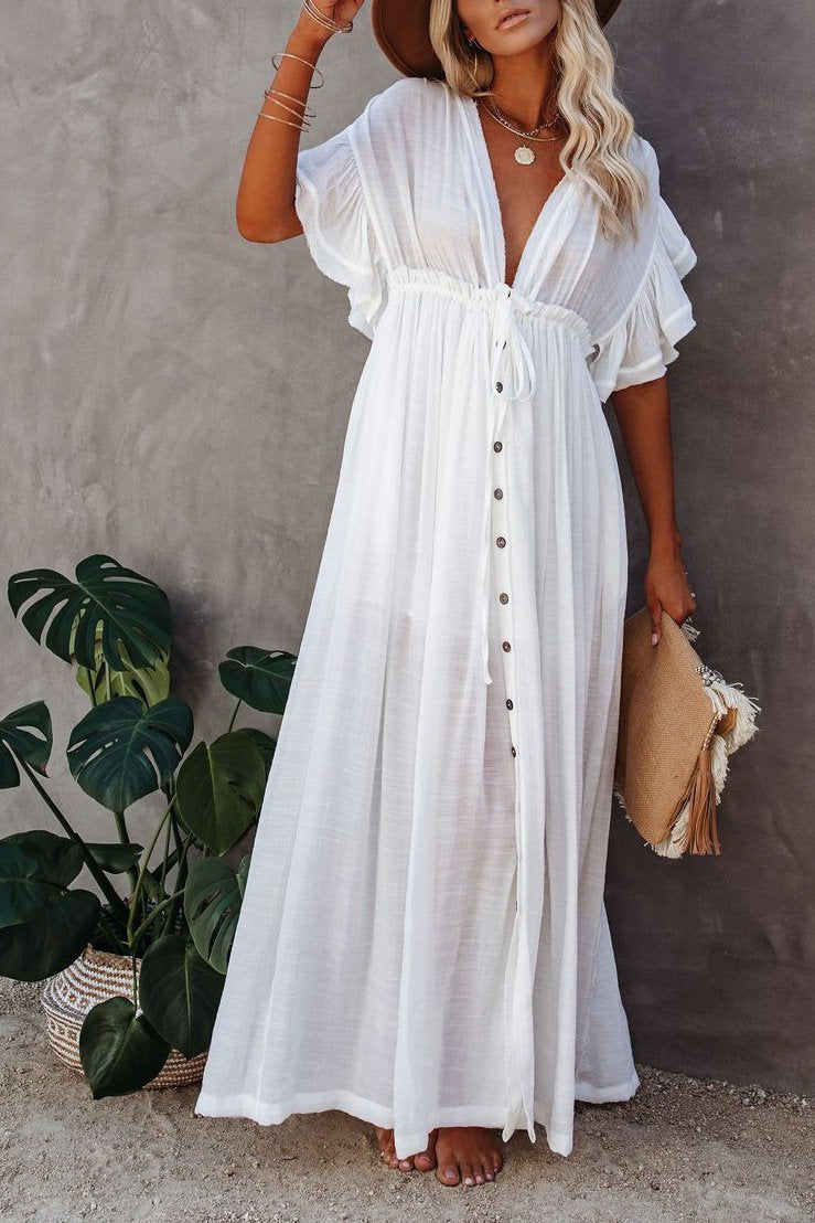 Solid Buttoned Waist Cord Maxi Dress