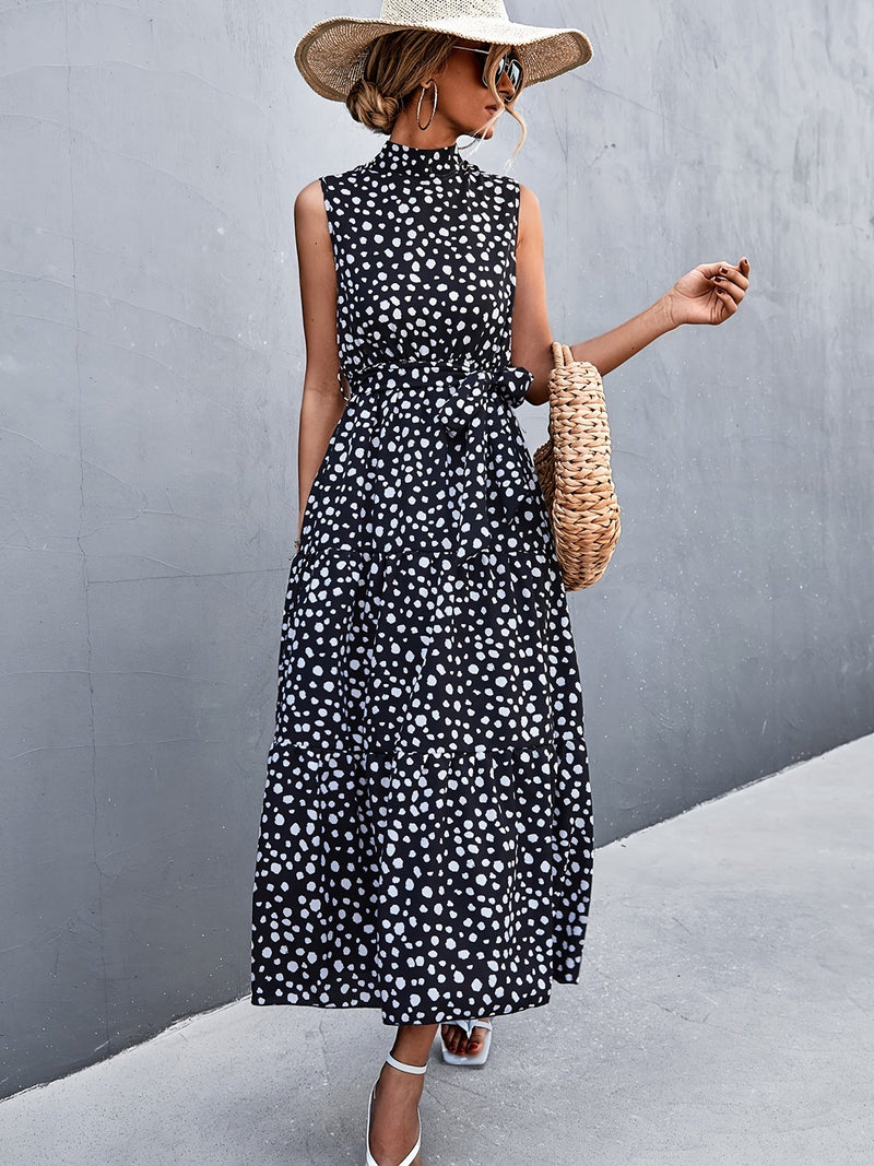 Dot Print Sleeveless High Neck Belt Waist Maxi Dress