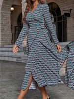 Elegant Long Sleeve V Neck Side Split Maxi Dress