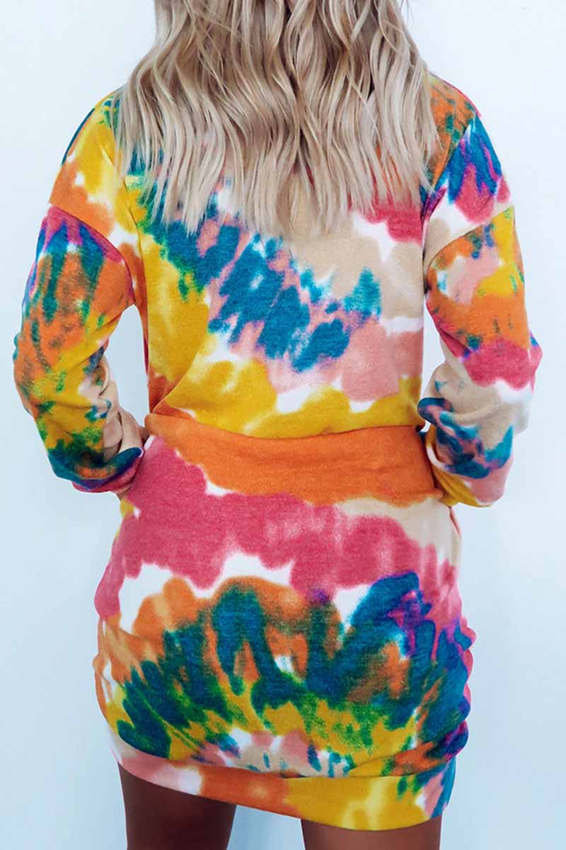 Florcoo Round Neck Pullover Tie-Dye Printing Mini Dress