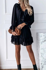 Florcoo Sexy Black Lace Puff Sleeve V-Neck Lace Mini Dress