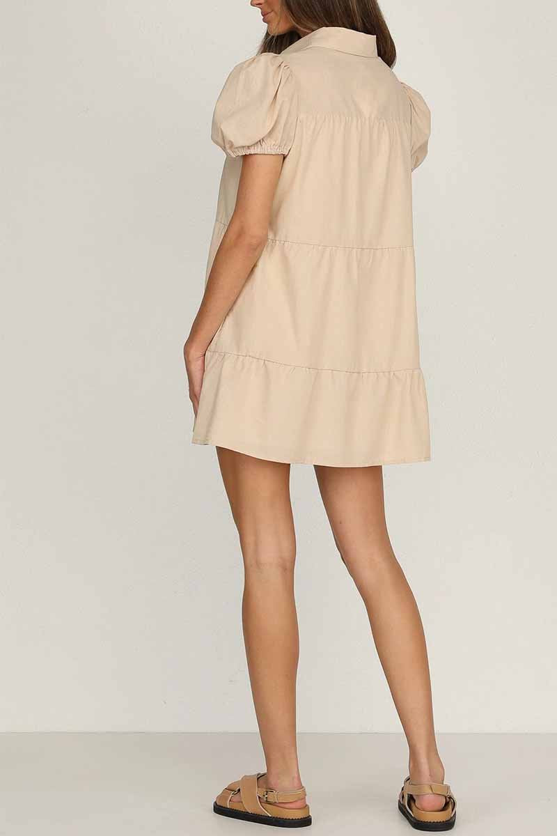 Florcoo Loose Lantern Sleeve Pleated Single Breasted Mini Dress