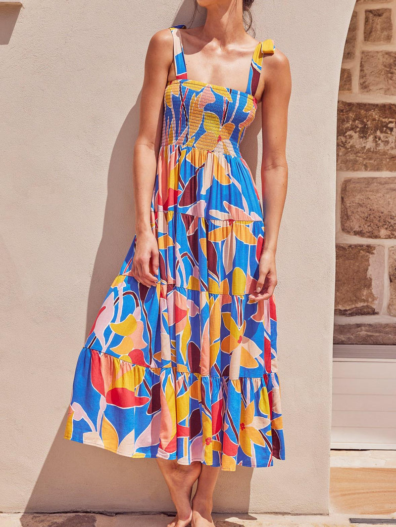 Sleeveless Square Neck Strappy Floral Maxi Dress