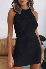 Florcoo Sexy Solid Color Sleeveless Striped Knitted Bag Hip Mini Dress