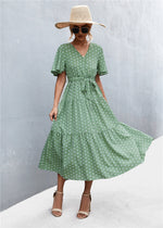 Polka Dot V Neck Short Sleeve Elastic Waist Maxi Dress