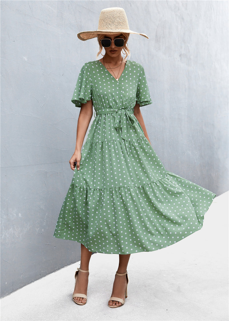 Polka Dot V Neck Short Sleeve Elastic Waist Maxi Dress