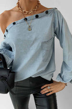 Florcoo Spring Button-Neck Off-Shoulder Long-Sleeved Denim Shirt