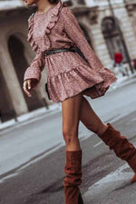 Florcoo Ruffle Print Long Sleeves Mini Dress