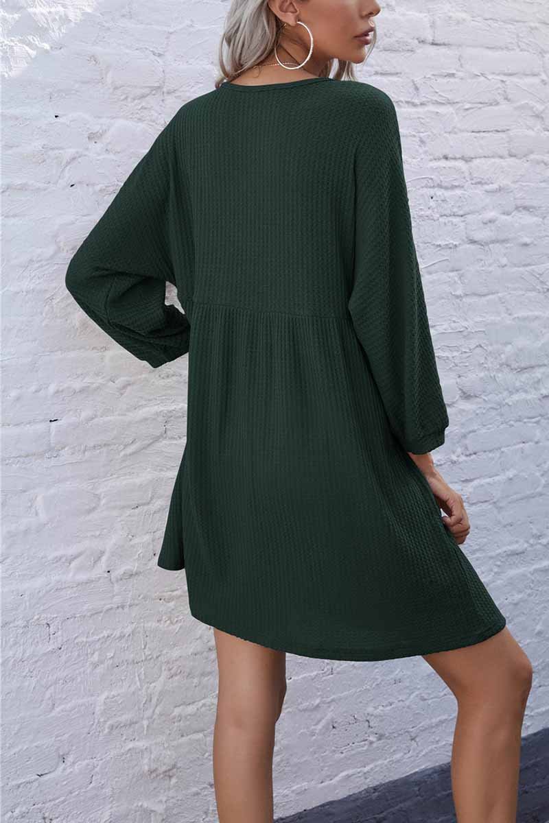 Florcoo V-Neck Buttoned Loose Knit Hem Mini Dresses