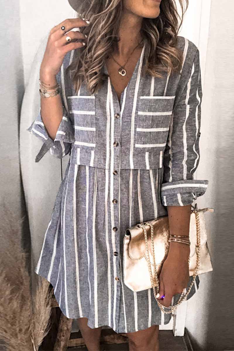 Florcoo Striped Stitching High Waist Pocket Shirt Mini Dress