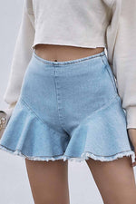 Florcoo High-Waisted Commuter Denim Ruffled Zipper Shorts