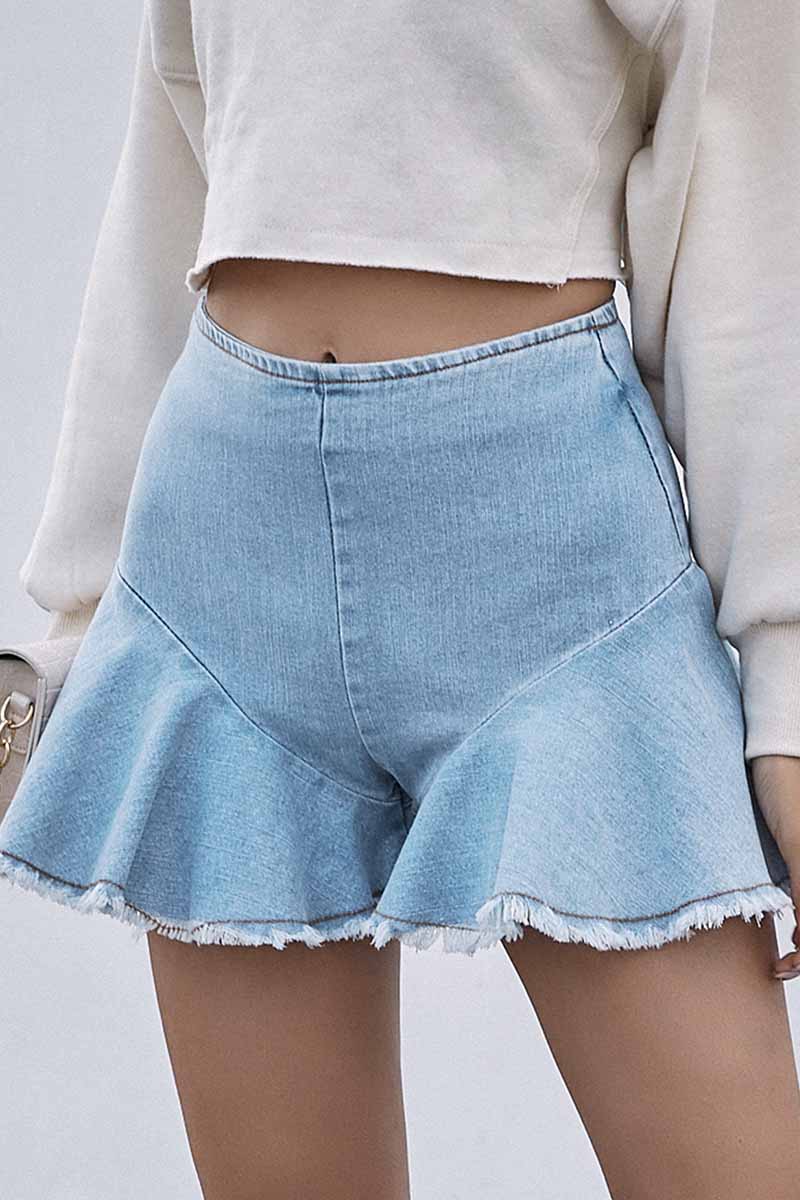 Florcoo High-Waisted Commuter Denim Ruffled Zipper Shorts