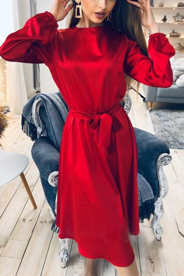 Round Neck Solid Color Satin Small Lantern Sleeves Waist Slimming Midi Dress