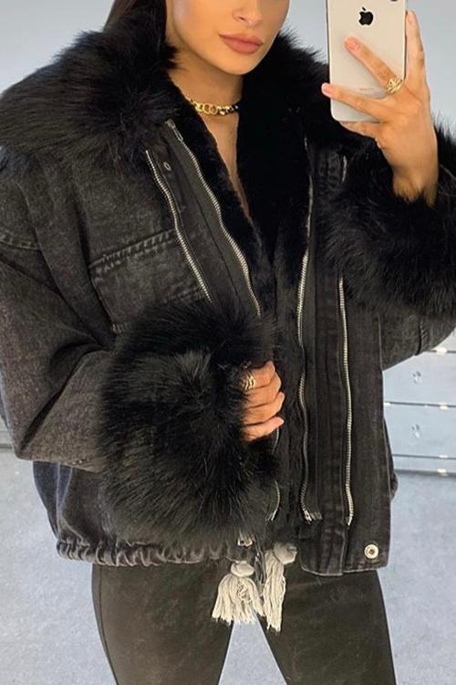 Detachable Fuzzy Faux Fur Collar Denim Coat