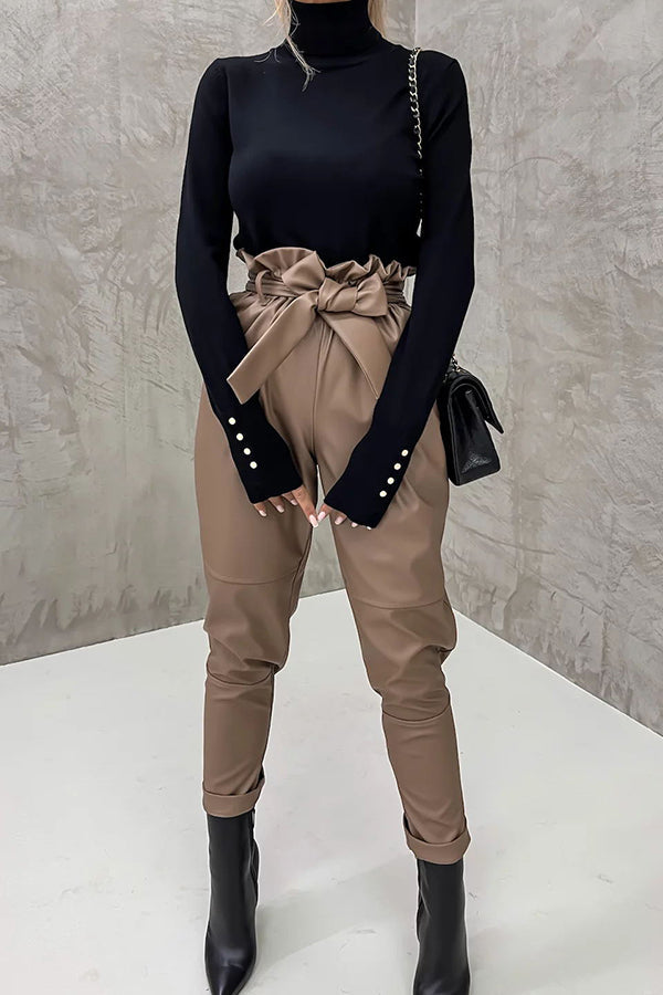 Novakiki The Dash Petal Waist Pocketed Faux Leather Pants