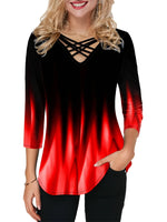 Criss Cross Neck Gradient Color Medium Sleeve T-shirt