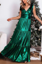 Charming Days Velvet Shoulder Tie Metallic Maxi Dress