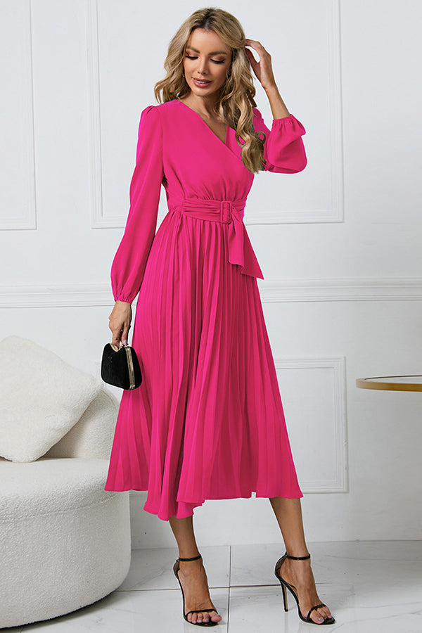 Cristina Flowy Belt Wrap Pleated Midi Dress