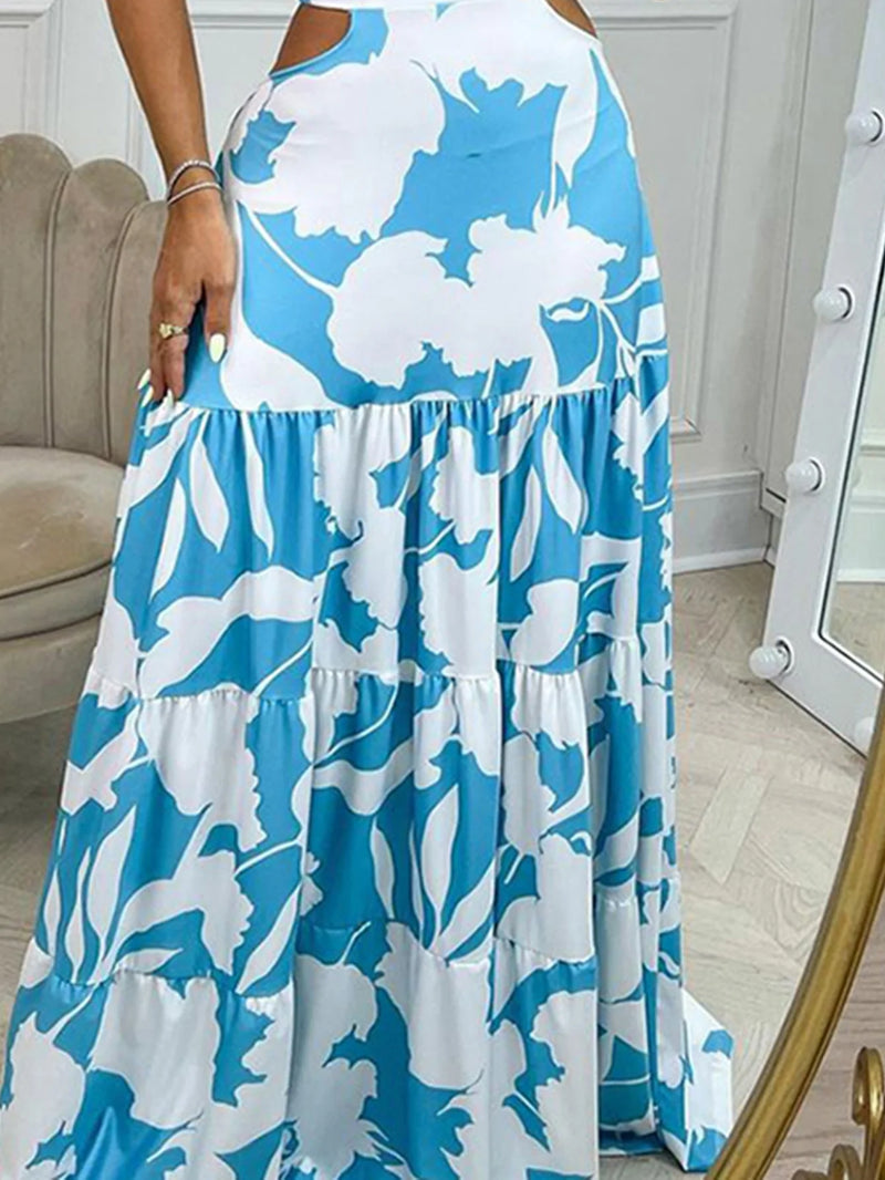 Tropical Print Off Shoulder Cut Out Maxi Dress