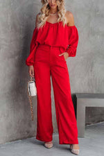 Adele Satin Off Shoulder Blouse & Wide Leg Pants Suit