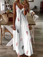 Sleeveless Slim Fit Feather Print Low Cut V-Neck Dresses