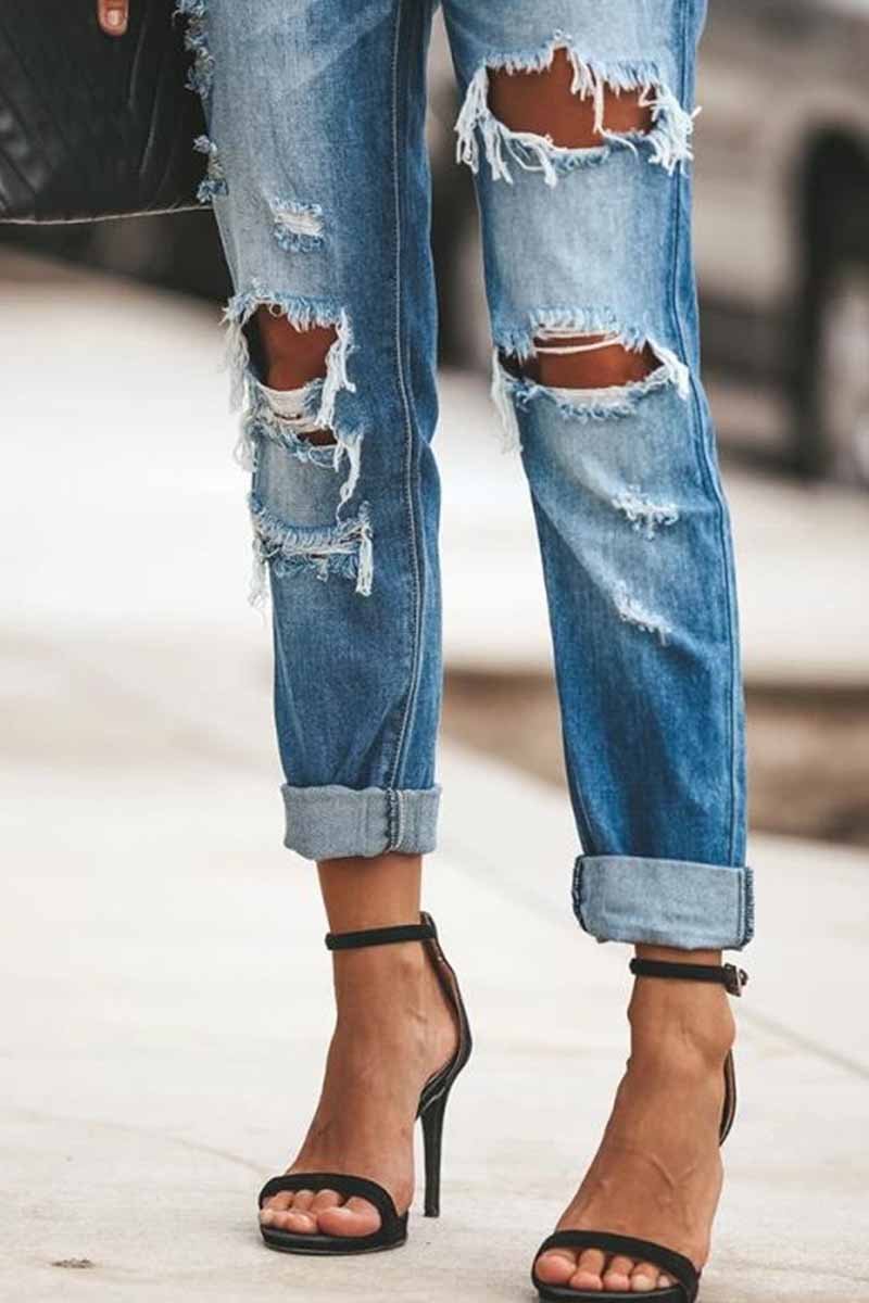 Florcoo Regular Blue Ripped Jeans