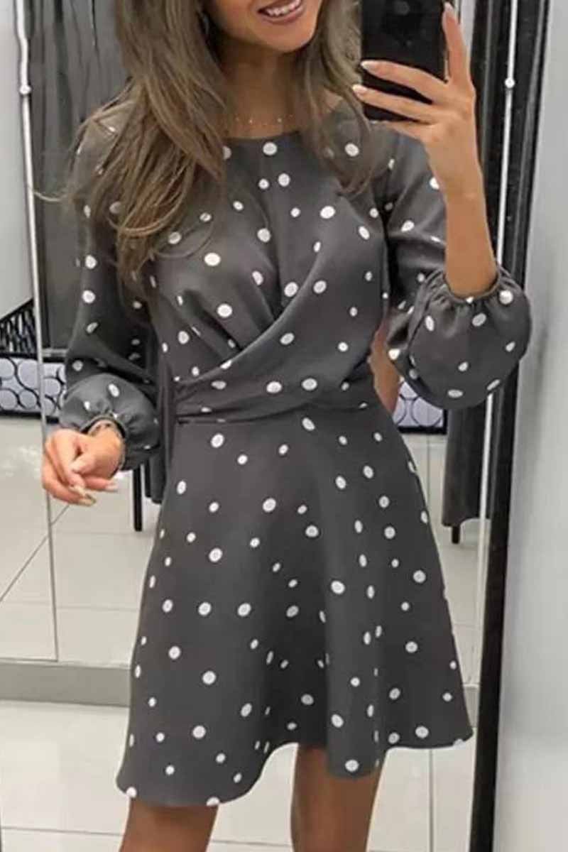 Florcoo Loose Round Neck Long Sleeve Polka Dot Mini Dress(4 Colors)