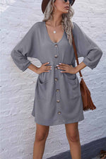 Florcoo V-Neck Buttoned Loose Knit Hem Mini Dresses