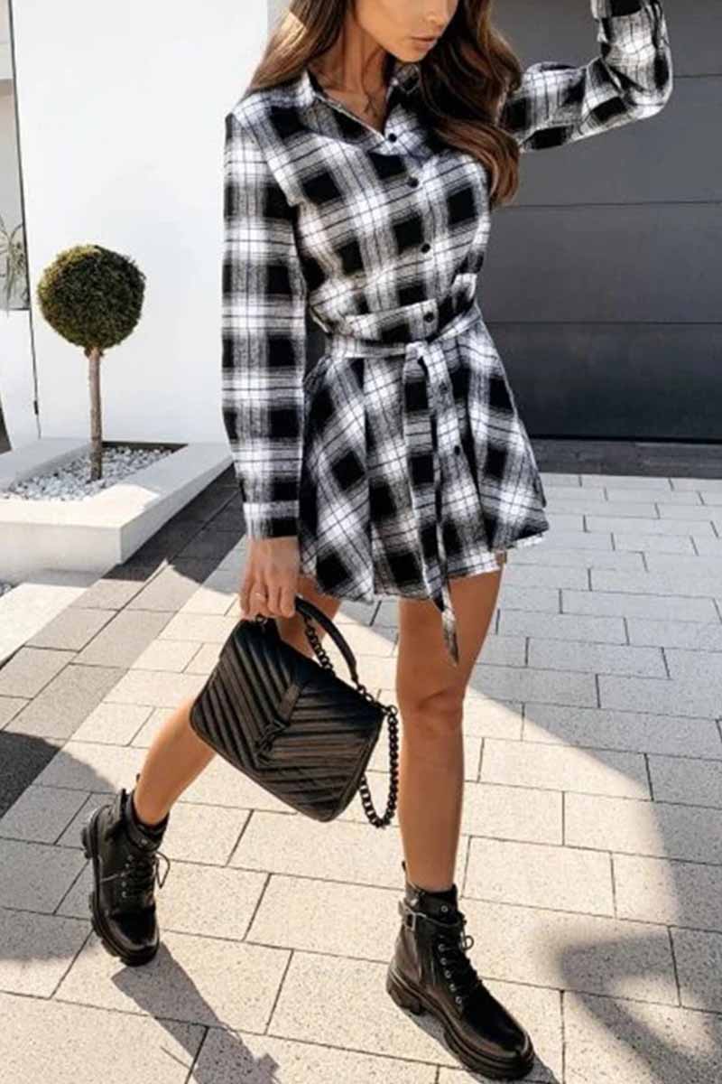 Florcoo Long Sleeve Plaid Shirt Mini Dress