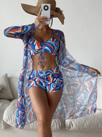 Three Piece Drawstring Printed Bikini High Waisted Short and Long Sleeve Cover Up Swimwear Set