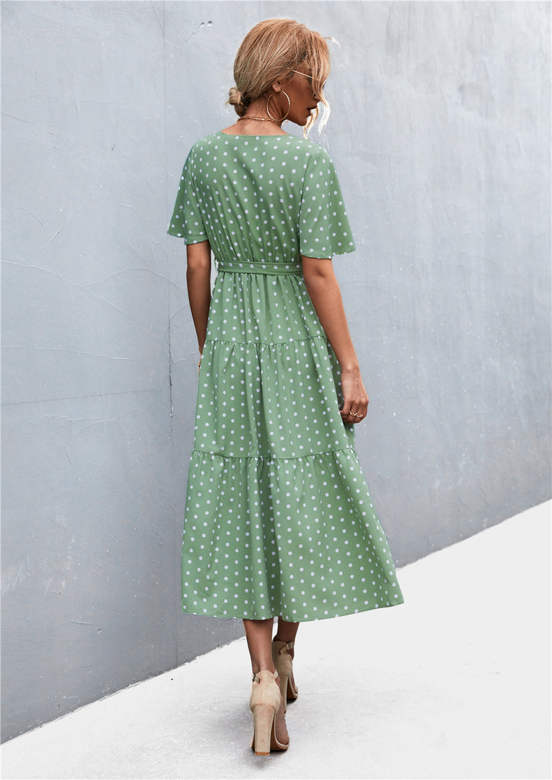 Polka Dot V Neck Short Sleeve Elastic Waist Maxi Dress